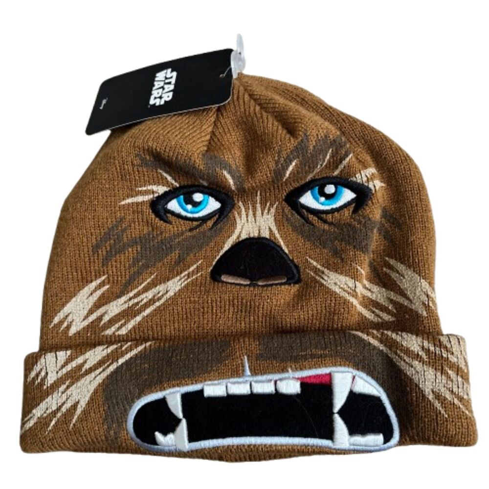 Disney Star Wars CHEWIE Unisex Brown Beanie Cuff Embroidered Face Knit Hat OS